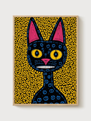 Black Cat Wall Art poster in oak frame