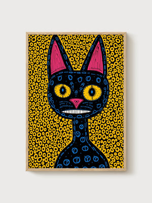 Black Cat Wall Art poster in oak frame