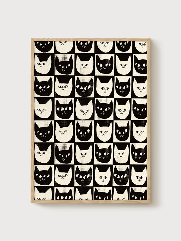 Black Cat Wall Art poster in oak frame