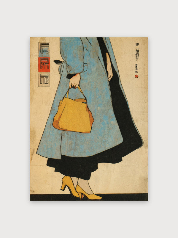 Japanese Fashion Woman Blue Coat Yellow Bag - Digital Download