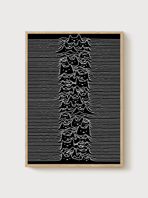 Black Cat Wave Art Print poster in oak frame