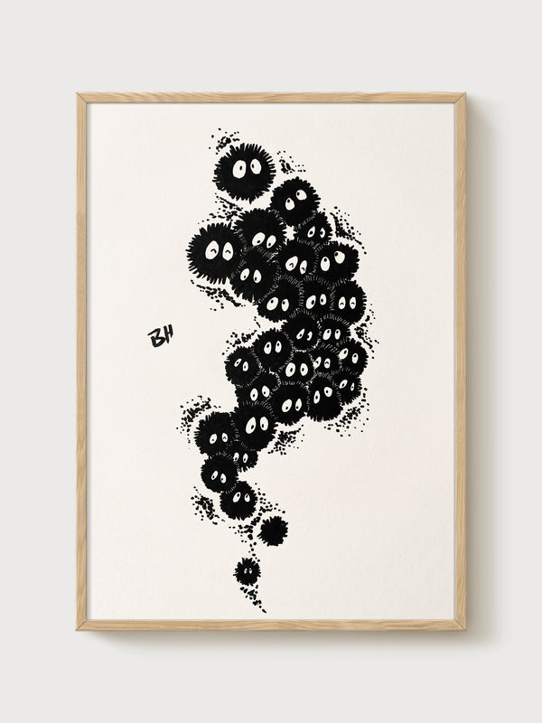 Soot Sprites Print poster in oak frame
