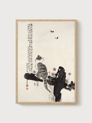 Japanese Cat Art Print poster in oak frame