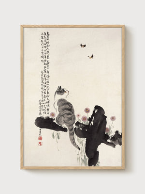 Japanese Cat Art Print poster in oak frame
