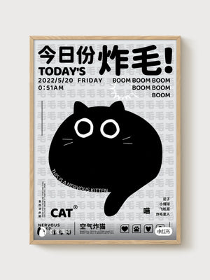 Black Cat Art Print poster in oak frame