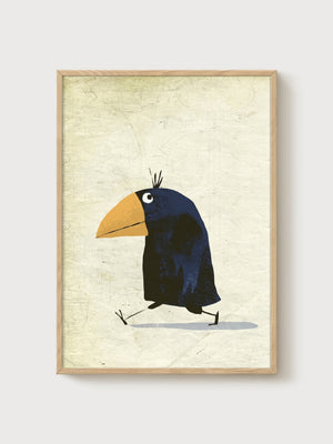 Whimsical Crow Bird Art Print poster in oak frame