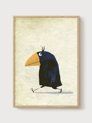 Whimsical Crow Bird Art Print poster in oak frame