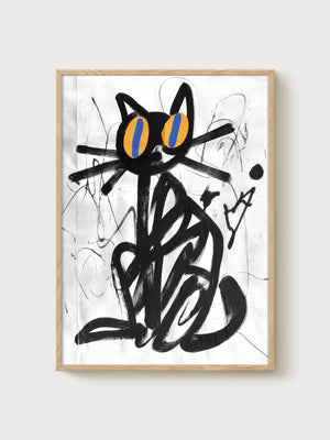 Black Cat Art Print poster in oak frame