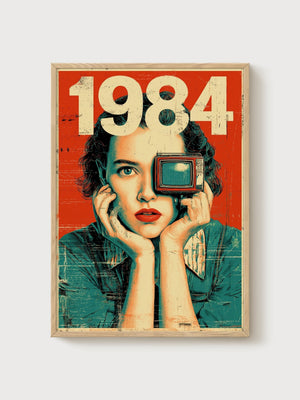 1984 Retro Futurism Art Print poster in oak frame