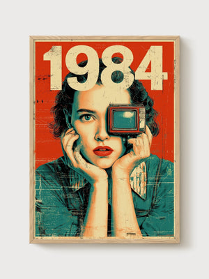 1984 Retro Futurism Art Print poster in oak frame