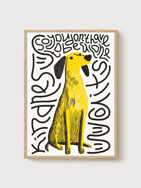 Quirky Dog Wall Art poster in oak frame