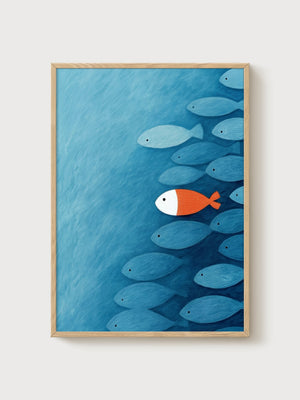 Lone Orange Fish Wall Art poster in oak frame