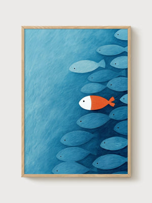 Lone Orange Fish Wall Art poster in oak frame