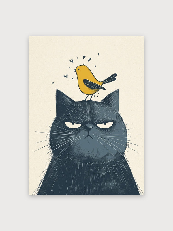 Grumpy Black Cat Yellow Bird - Digital Download