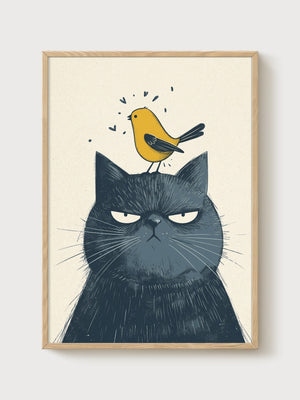 Black Cat Wall Art poster in oak frame
