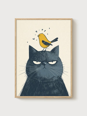Black Cat Wall Art poster in oak frame