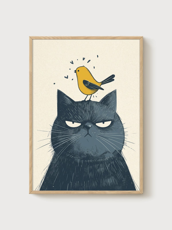 Black Cat Wall Art poster in oak frame