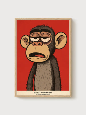 Barely Hanging On Monkey Poster poster in oak frame