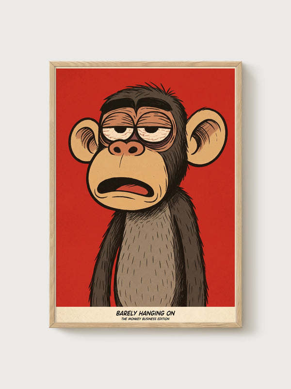 Barely Hanging On Monkey Poster poster in oak frame