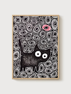 Black Cat Art Print poster in oak frame