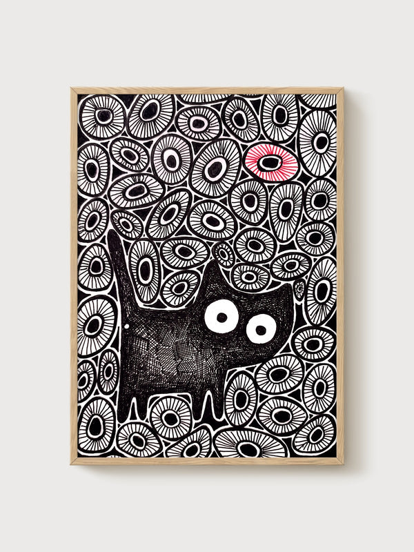 Black Cat Art Print poster in oak frame