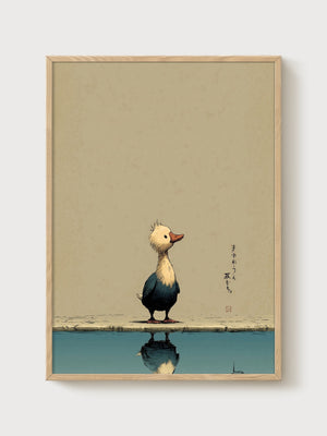 Duck Print with Japanese Calligraphy poster in oak frame