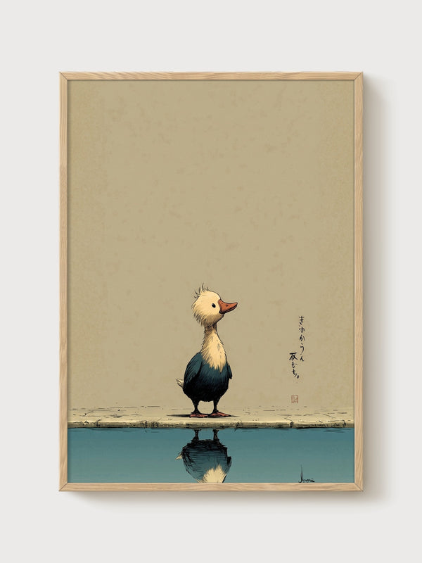 Duck Print with Japanese Calligraphy poster in oak frame