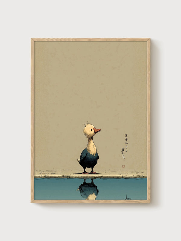 Duck Print with Japanese Calligraphy poster in oak frame