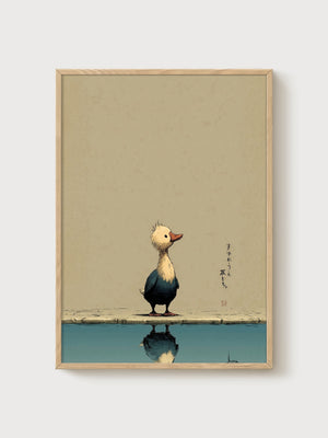 Duck Print with Japanese Calligraphy poster in oak frame