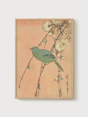 Japanese Woodblock Bird Print poster in oak frame