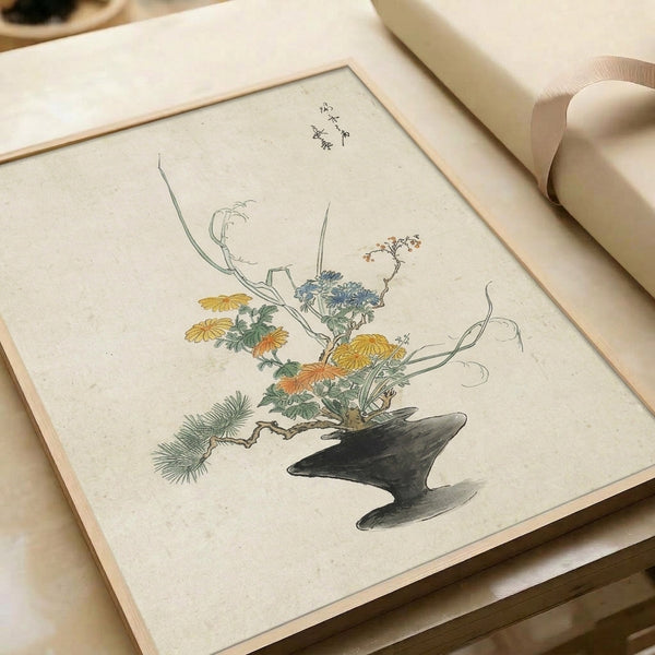 Tranquil line art study of a traditional Japanese ikebana chrysanthemum arrangement in an earthy ceramic vase, featuring sage and slate blue botanical elements against a cream background with ochre flower accents, wall-mounted print.