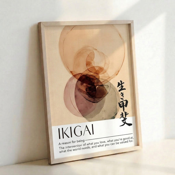 Japandi-inspired abstract artwork with interlocking circular forms in muted earth tones and soft greens, creating a meditative venn diagram design that captures ikigai's essence of harmony and balance.
