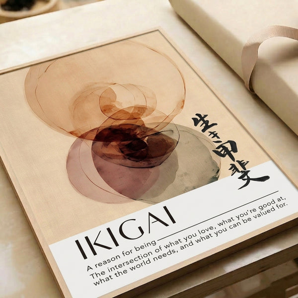 Zen-inspired minimalist artwork presenting geometric circles in burgundy, terra cotta, and muted green hues, offering a visually balanced statement on ikigai and peaceful living.