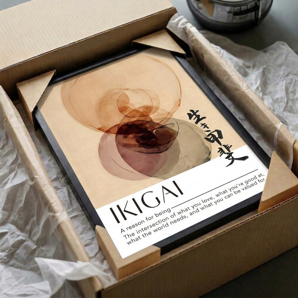 Framed modern abstract print with overlapping circular forms in a harmonious palette of cream, sage, and warm tones, embodying contemplative minimalism and Japanese aesthetic philosophy.