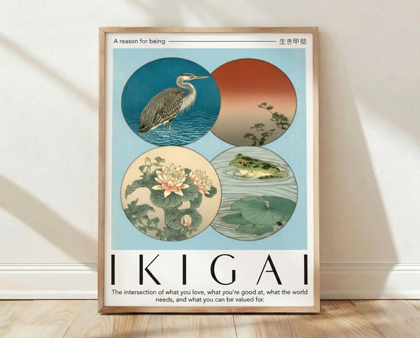 Serene Japanese woodblock-style poster featuring a contemplative heron, lotus flower, and frog arranged in minimalist panels with teal, coral, and sage green tones, framed on a wall.