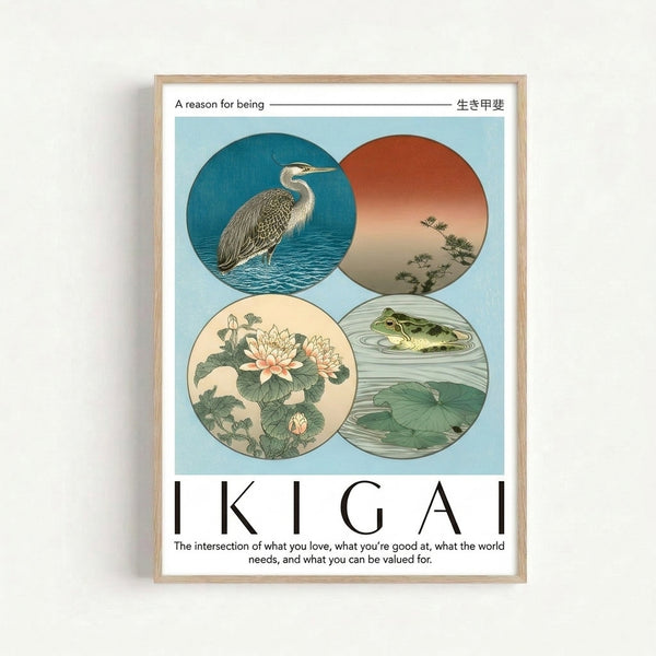Japandi art print depicting a graceful heron among pine and lotus blooms with a meditative frog motif, rendered in soft pastels and muted blues, promoting balance and zen calm.