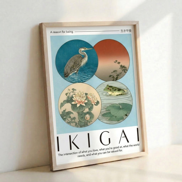 Minimalist poster art combining traditional Japanese aesthetics with a heron, water lilies, and frog in pale blue and coral hues, evoking tranquility and nature's harmony.