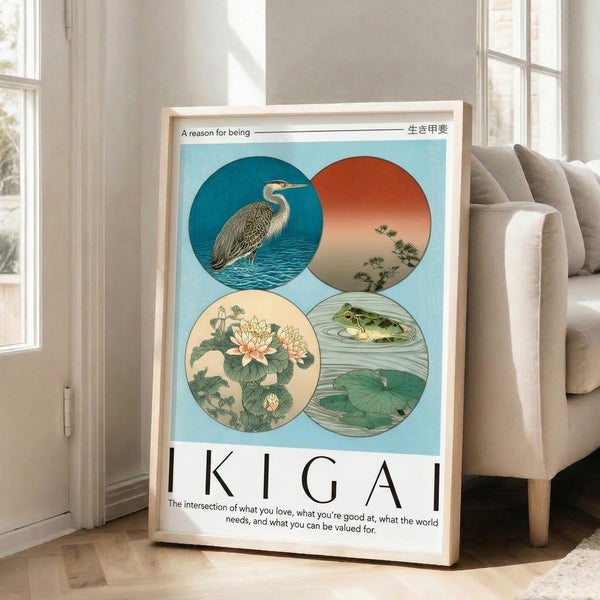 Contemplative framed poster blending Japanese woodblock technique with modern simplicity, showcasing wildlife in teal and cream with soft sage accents for a calming, motivational atmosphere.