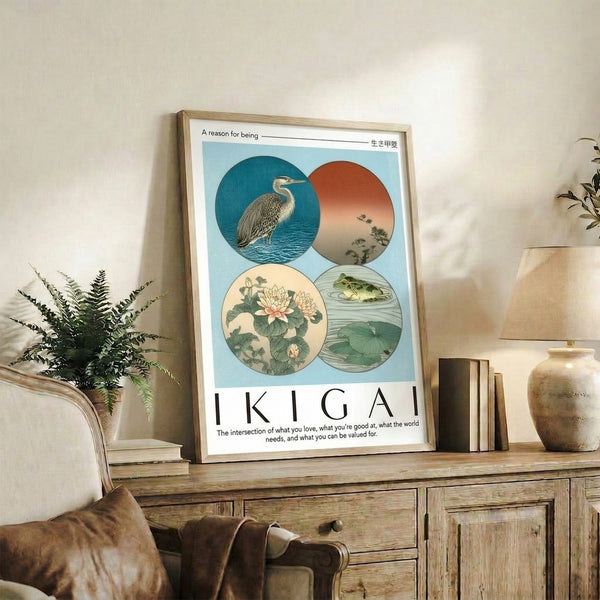 Wabi-sabi inspired wall art featuring an elegant heron, lotus flower, and frog in minimalist Japanese style, rendered in serene tones of teal, pale blue, and warm coral.