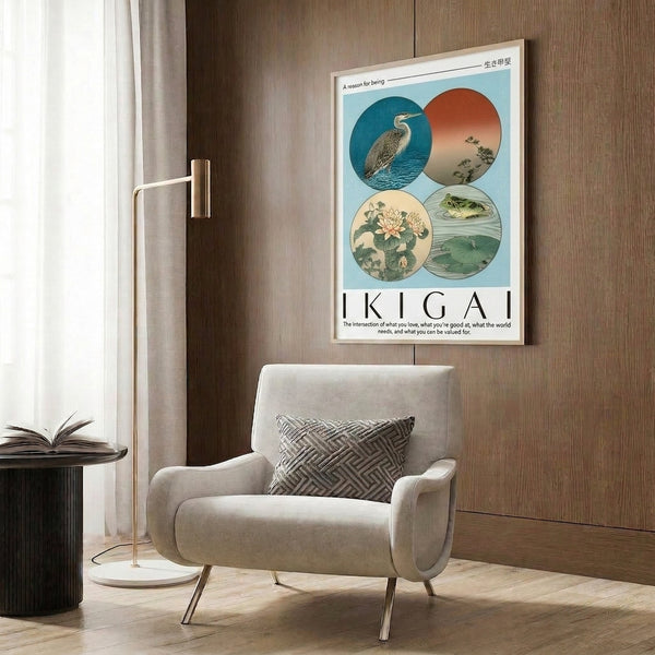 Zen-inspired poster art with stylized heron, frog, and lotus in muted teal, cream, and sage—a balanced, contemplative design rooted in Japanese aesthetics.