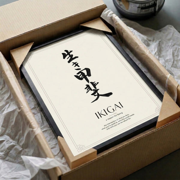 Beige poster with striking black Japanese Ikigai calligraphy, a serene expression of life purpose rendered in minimalist Japandi style.