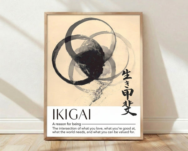 Minimalist abstract framed poster featuring overlapping ink circles in charcoal and grey on cream background, evoking Japandi zen aesthetics and wabi sabi philosophy.