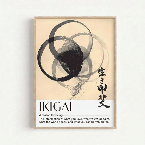 Contemplative wall art with loose brushstroke circles in black and grey tones, capturing the balanced, purposeful mood of Japandi minimalist design.