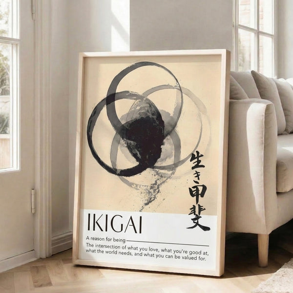 Minimalist framed artwork featuring gestural ink spheres in muted charcoal tones, blending Asian cultural aesthetics with contemporary abstract art.