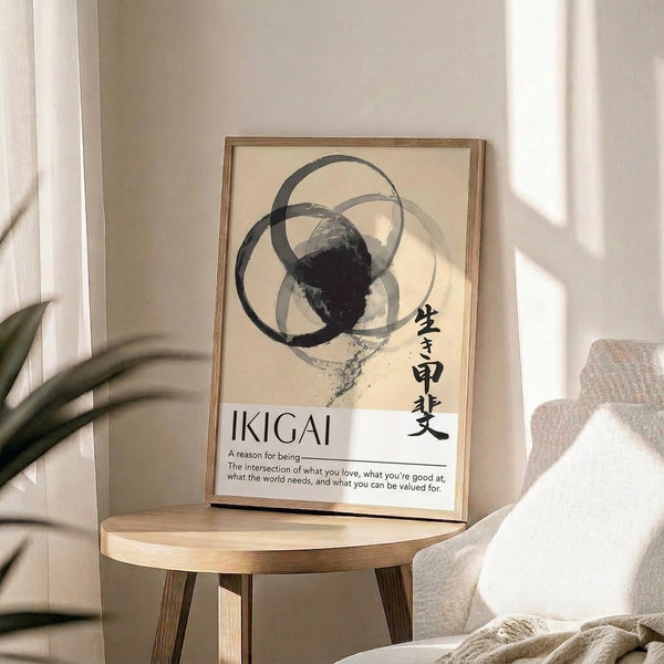 Japandi-style wall art with contemplative composition of overlapping brushstroke circles in black, grey, and cream, evoking zen balance and purpose.