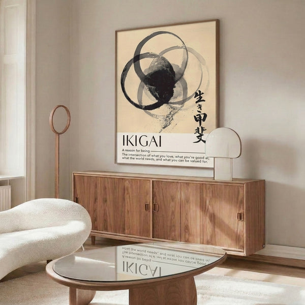 Abstract framed print showcasing expressive charcoal circles and calligraphic marks on pale background, capturing minimalist Japandi sensibility and spiritual clarity.