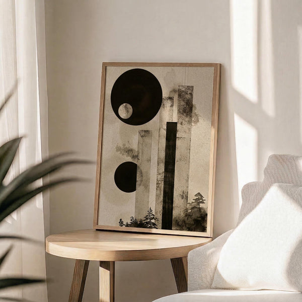May include: Abstract art print with black circles, vertical textured rectangles, and silhouetted pine trees on cream background, displayed in light wood frame on round wooden side table next to beige upholstered chair. Soft natural lighting creates shadows across neutral-toned room with plant leaves visible in corner.