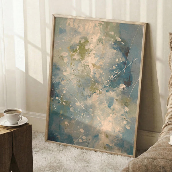 May include: Large framed abstract expressionist artwork leaning against white wall corner, featuring blue and green watercolor washes with white paint splatters and linear scratches throughout. Natural wood frame, positioned on white textured rug beside wooden side table with white coffee cup and saucer. Soft natural lighting creates geometric window shadows on wall.