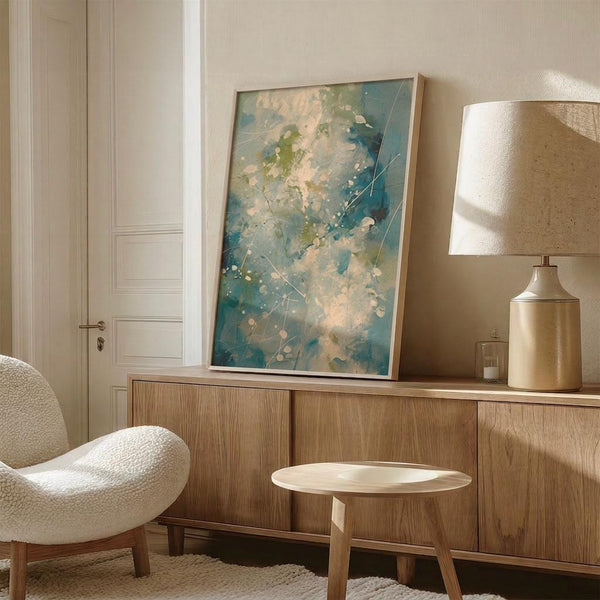 May include: Abstract expressionist artwork in thin light wood frame leaning against wooden sideboard in modern neutral bedroom. Painting features splattered blues, greens, and cream colors with organic flowing brushstrokes. Scene shows cream upholstered chair, brass table lamp with white shade, small round wooden stool, and white paneled door. Soft natural lighting on beige textured walls.