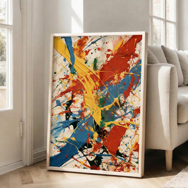 May include: Large framed abstract expressionist artwork with vibrant paint splatters in yellow, red, blue, black, and orange against cream background, displayed in bright living room corner next to beige armchair and windows with natural light streaming in